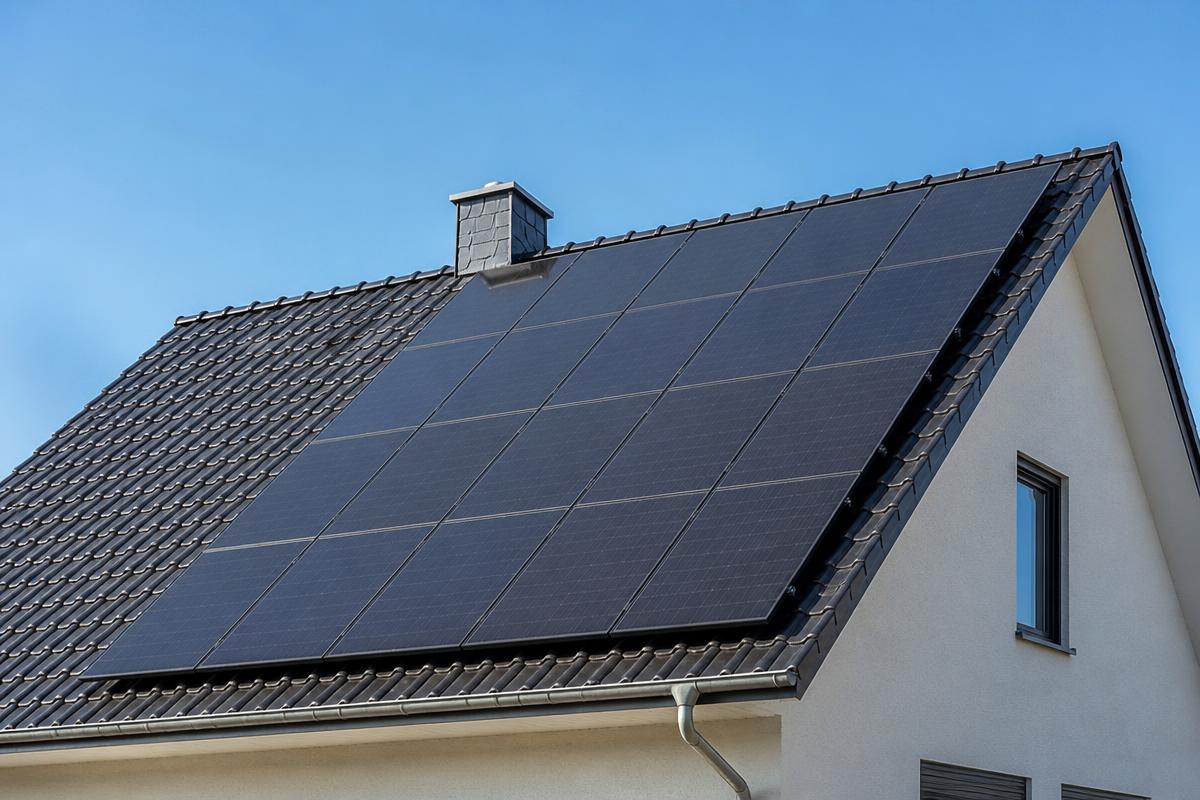Photovoltaikanlage auf dem Ziegeldach eines Wohnhauses
